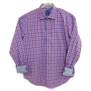 Robert Graham Dress Shirt Mens Large Purple Blue‎ Check Classic Fit Paisley Trim